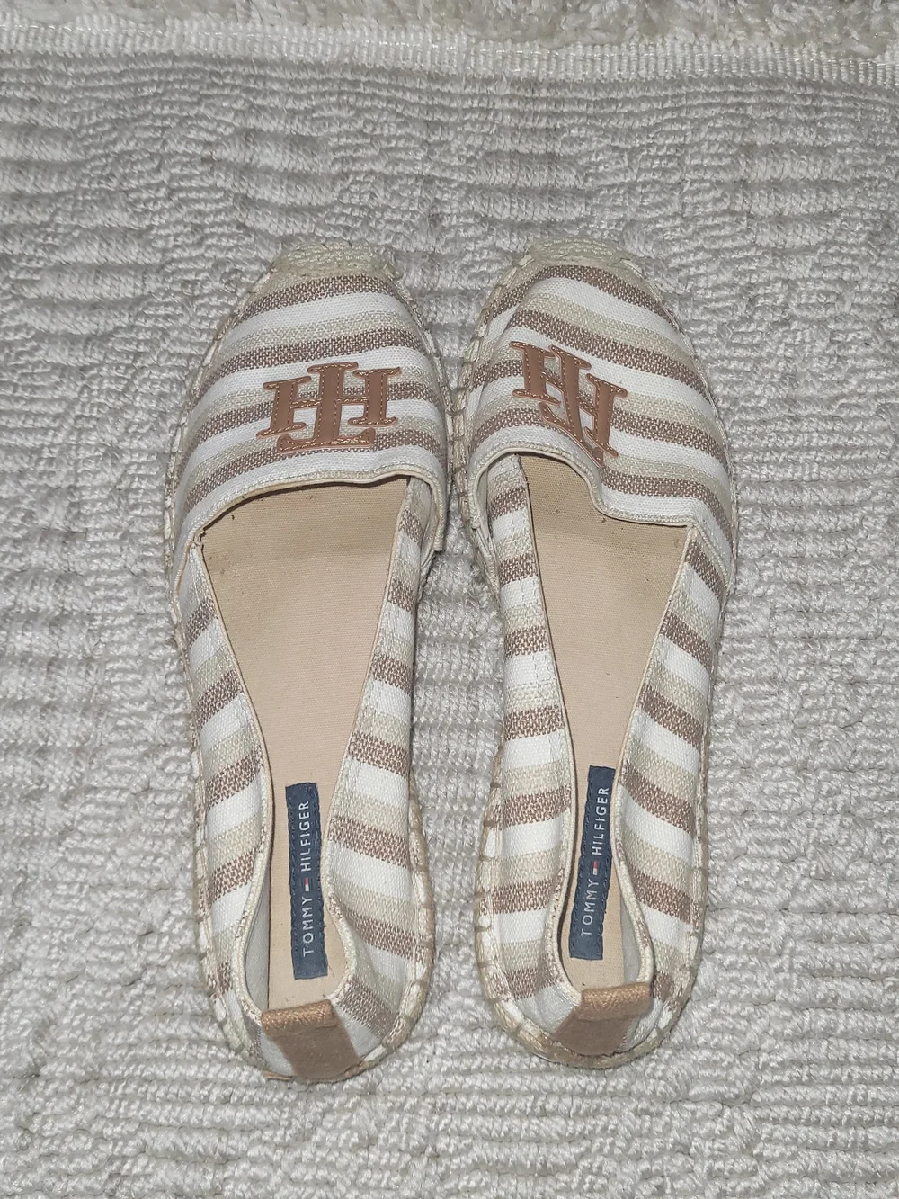 Tommy Hilfiger Striped Canvas Espadrille Flats Brown Tan Sz 8